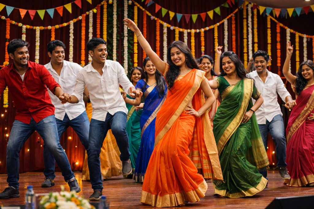 Students dancing at college fest with marigold decorations and festive stage