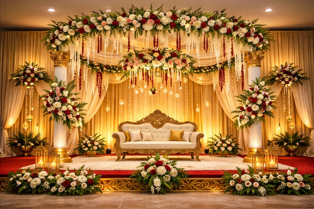 Luxurious wedding stage with floral arch, golden drapes and elegant mandap setup